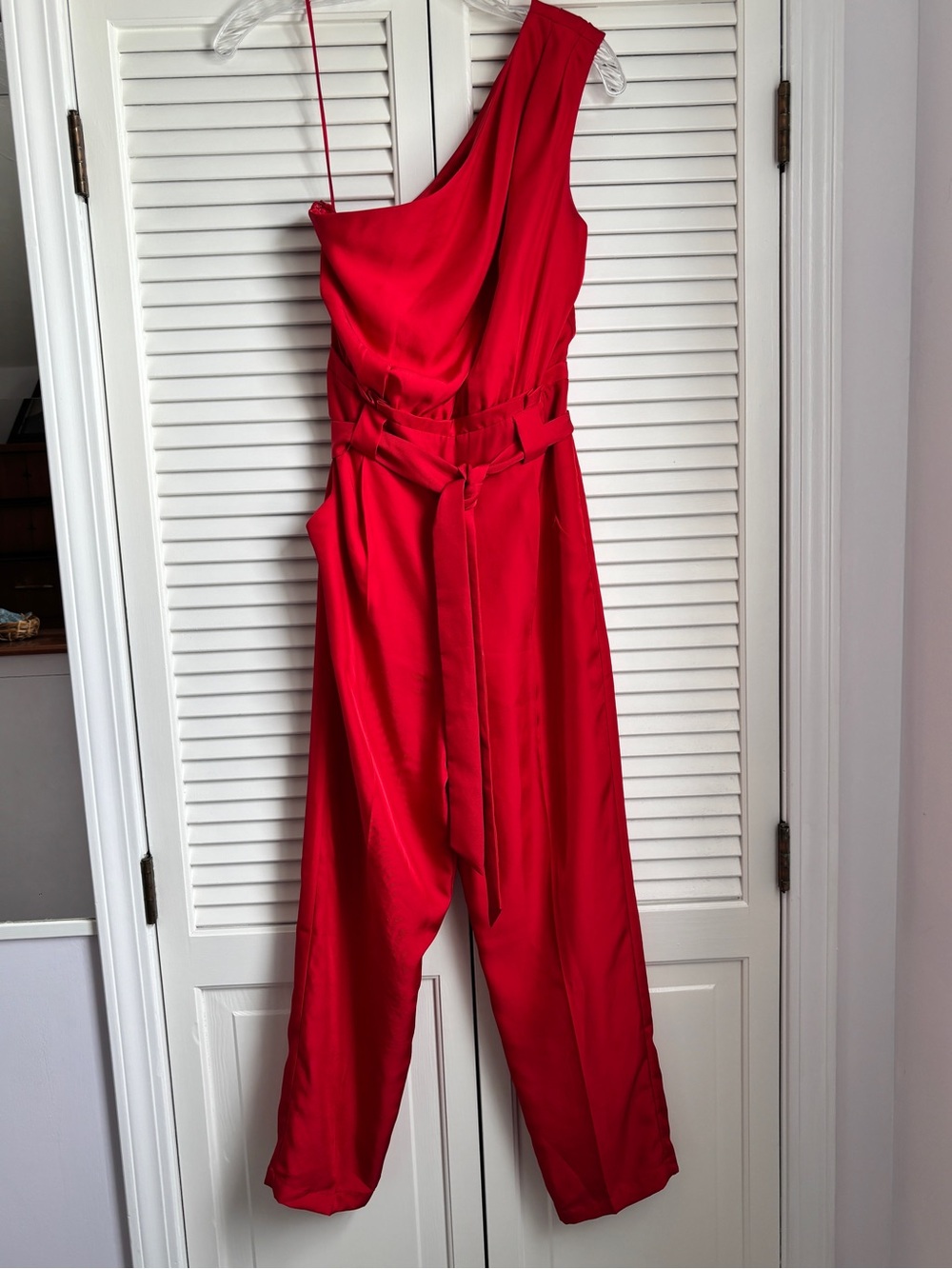 Express One-Shoulder Satin Jumpsuit with Self-Tie Belt